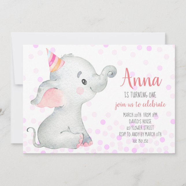 Elefant Flicka  Rosa, konfetti jungle Cute Inbjudningar (Framsida)