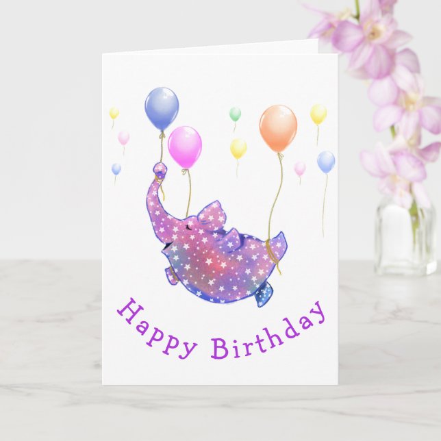 Elefant Flied Colorful Balloits Birthday Card Kort (Orkide)