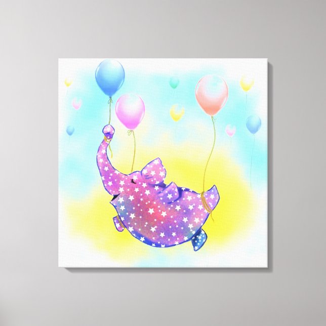 Elefant flygande med ballonger Canvastryck (Framsida)