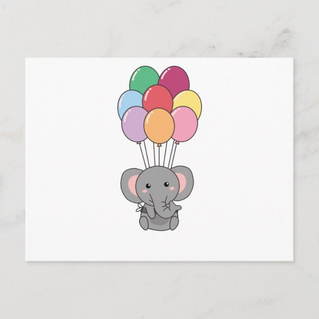 Elefant Flyger Upp Med Färgglada Ballonger Vykort (Framsida)