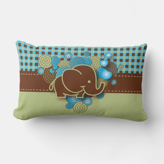 Elefant för blått-, grönt- & bruntplädbaby lumbarkudde (Framsida)