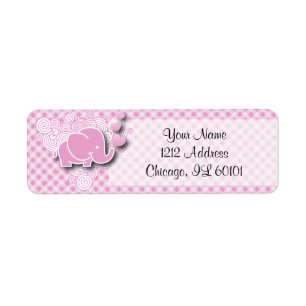 Elefant för rosa- & vitplädbaby returadress etikett