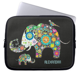 Elefant form Färga Retro-blommor Laptop Sleeve