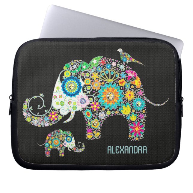 Elefant form Färga Retro-blommor Laptop Sleeve (Framsidan)