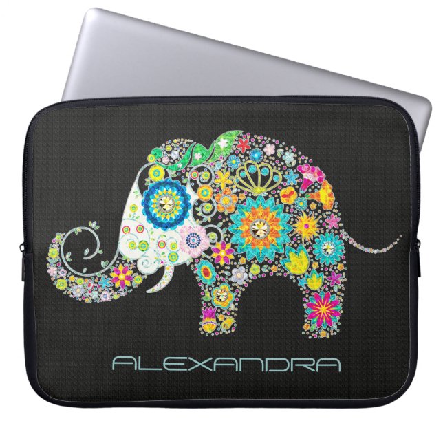 Elefant form Färga Retro-blommor Laptop Sleeve (Framsidan)