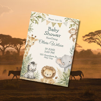 Elefant Giraff Lejon Zebra Neutral Bebis Baby Show Inbjudan