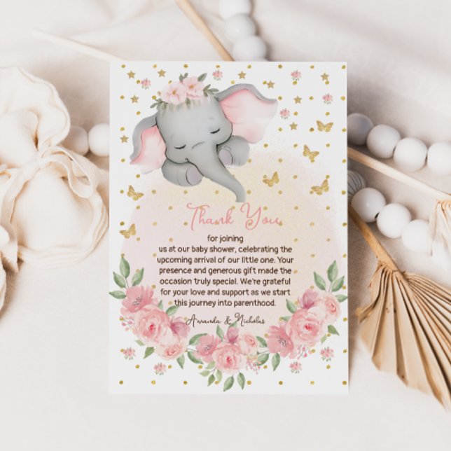 Elefant Glitter Botanisk Rosa  Tack Kort (Skapare uppladdad)