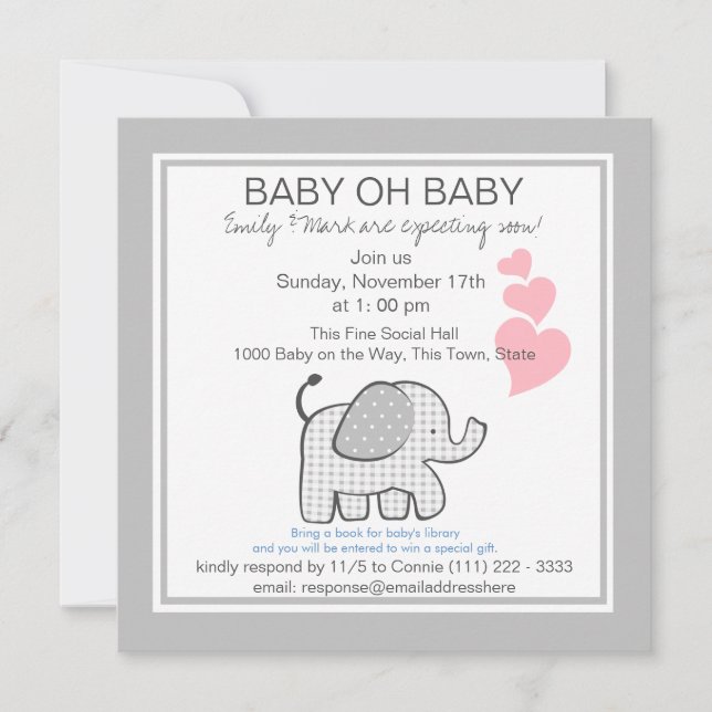 Elefant Grå Rutig Baby Shower Inbjudningar (Framsida)