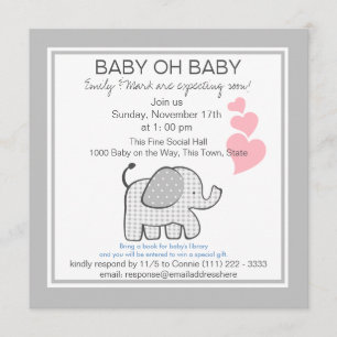 Elefant Grå Rutig Baby Shower Inbjudningar