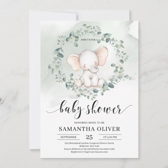 Elefant grönt eukalyptus löv Baby Shower Inbjudningar (Framsida)