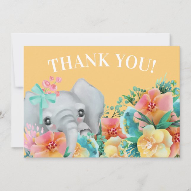 Elefant Gul Rosa Turkos Blommig Tacksamhetskort Tack Kort (Framsida)