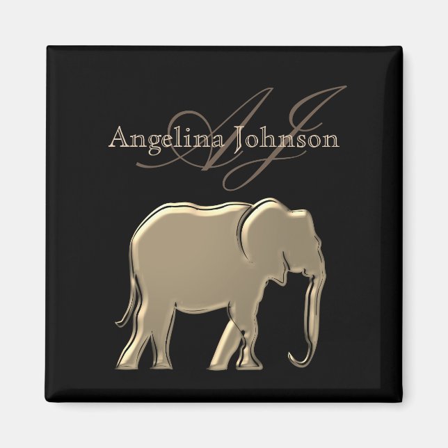 Elefant Guld Svart Monogram Elegant Lyxig Magnet (Framsidan)