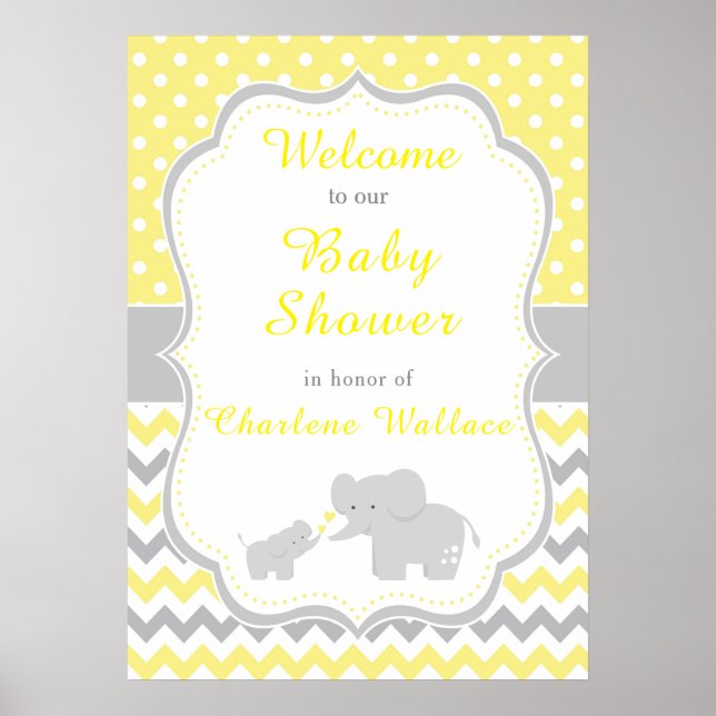 Elefant Gult och Grått Baby Shower Party Poster (Framsidan)