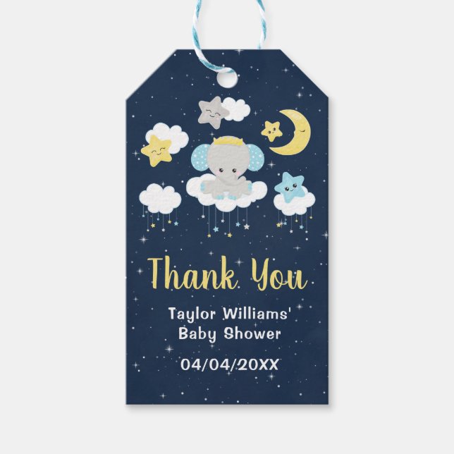 Elefant Gult och Navy Baby Shower Tack Presentetikett (Framsidan)
