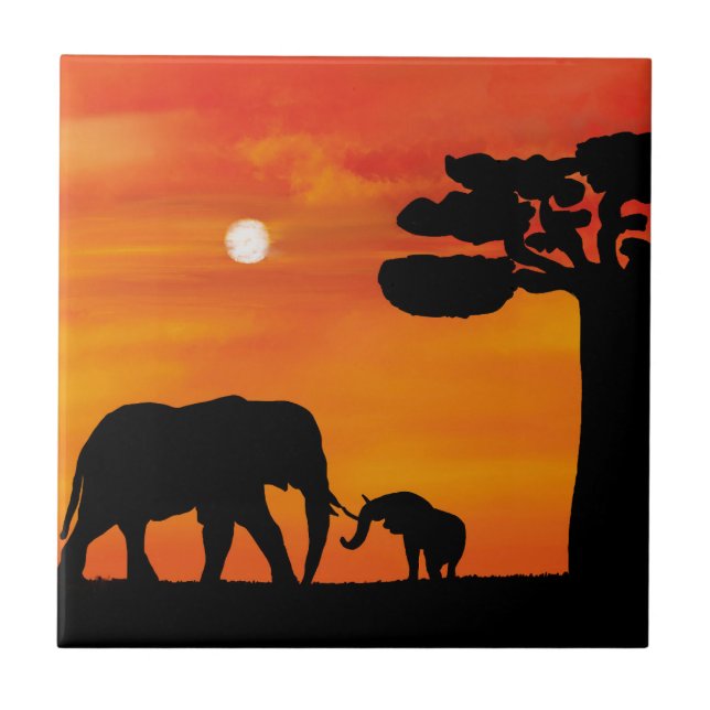 elefant, ,himmel ,djur ,soluppgång ,natur ,afrika  kakelplatta (Framsidan)