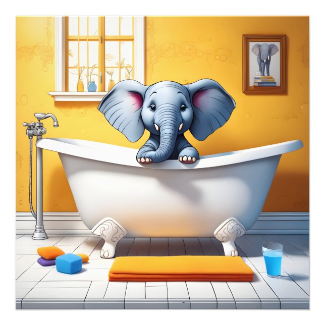 Elefant i bad fototryck (Framsidan)