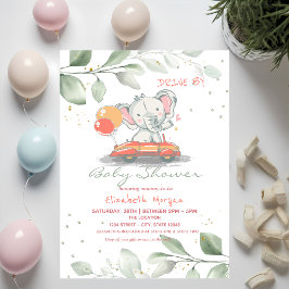 Elefant i bil Blommande Drive By Baby Shower Inbjudningar