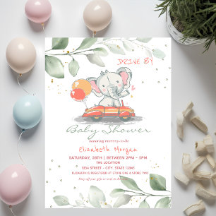 Elefant i bil Blommande Drive By Baby Shower Inbjudningar