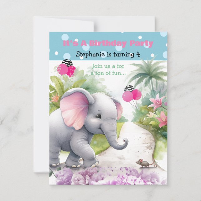 Elefant i en trädgård födelsedagsinbjudan inbjudningar (Framsida)