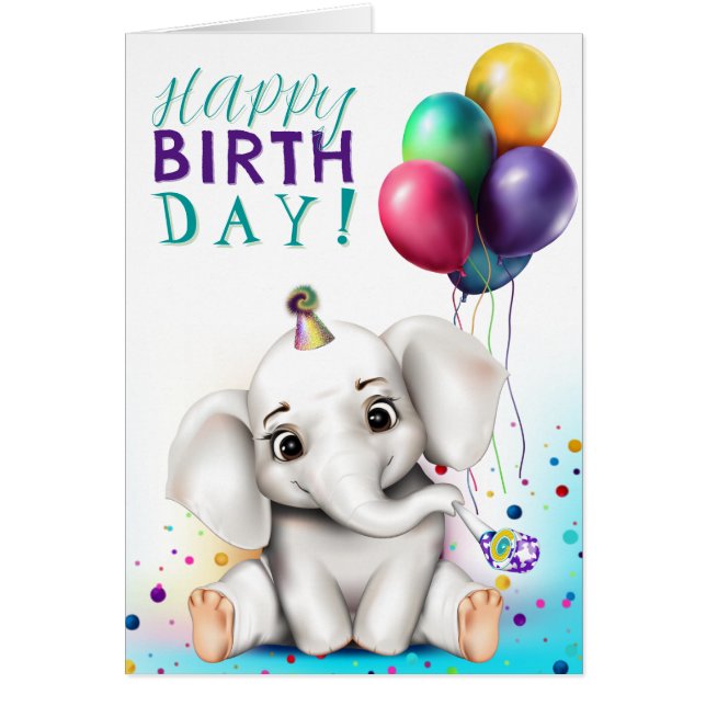 Elefant i födelsedagshatt hälsningskort (Framsidan)
