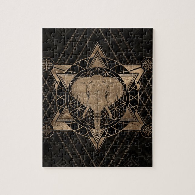 Elefant i sakral geometri - svart och guld pussel (Vertikal)