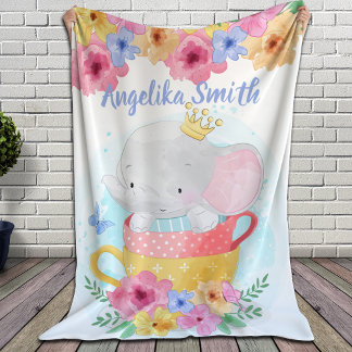 Elefant i Tekopp med blommor och eget namn Fleecefilt