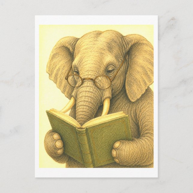 Elefant i vintage-stil som läser vykort (Framsida)