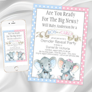Elefant Köns Avslöjande Baby Shower Inbjudningar