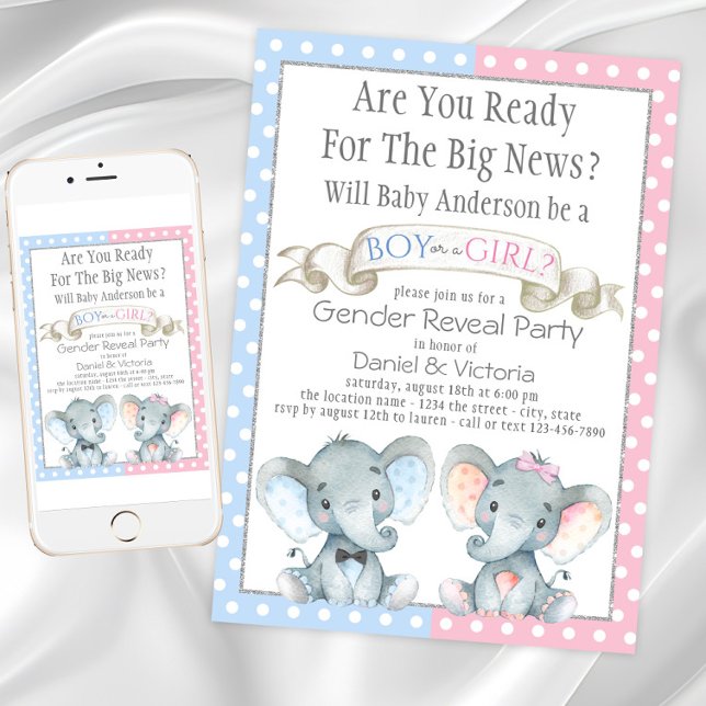 Elefant Köns Avslöjande Baby Shower Inbjudningar (Elephant Gender Reveal Baby Shower Invitations. Instant Download and printed invitations available.)