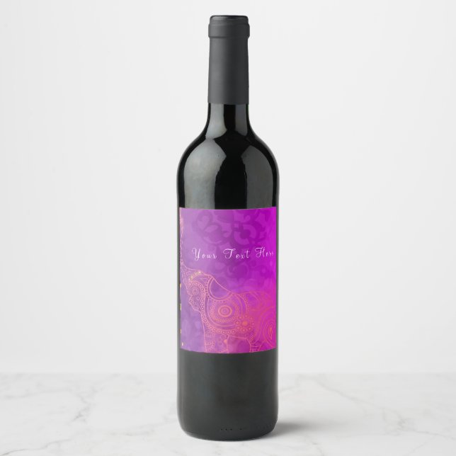 Elefant Lila Rosa Orange & Guld Vin Etiketter (Framsida)