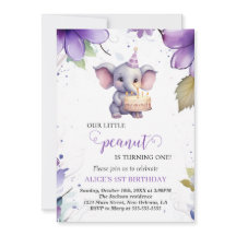 Elefant, Lila Watercolor Flower, First Birthday