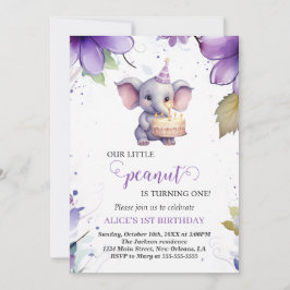 Elefant, Lila Watercolor Flower, First Birthday Inbjudningar