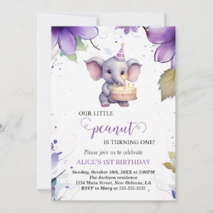 Elefant, Lila Watercolor Flower, First Birthday Inbjudningar
