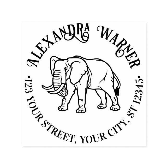 Elefant Linje Konst #2 Rund Namn Returadress  Självfärgande Stämpel (Design)