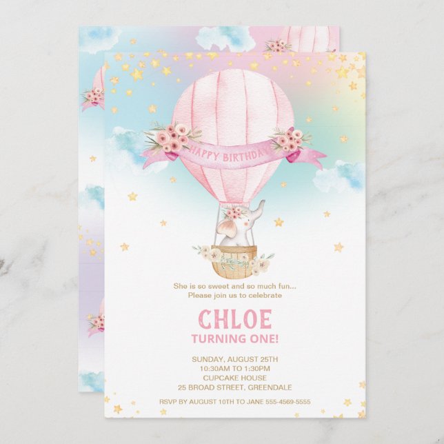 Elefant Luftballong 1:a födelsedagsflickan Inbjudningar (Fram/baksida)
