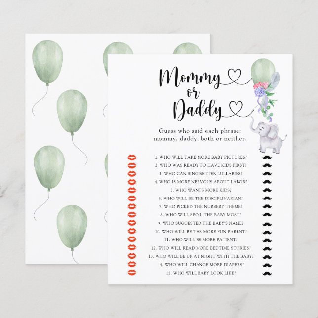 Elefant - mamma eller pappa baby shower spel (Fram/baksida)