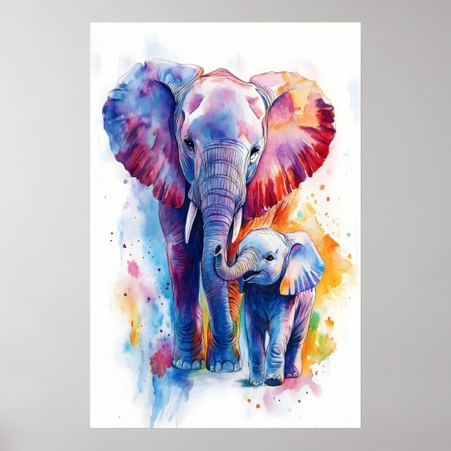Elefant Mamma och Bebis Akvarelltryck, Barnkammare Poster (Framsidan)