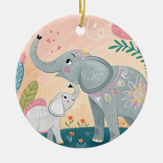 Elefant Mamma och Bebis Julgransprydnad Keramik (Framsidan)