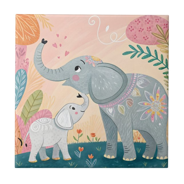 Elefant Mamma och Bebis Kakelplatta (Framsidan)
