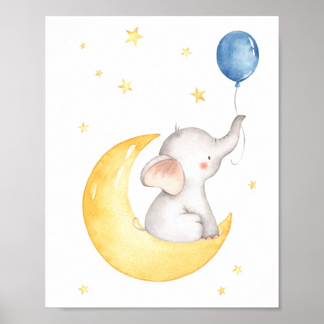 Elefant Mån Stjärnor Ballong Mysig Barnkammare Poster (Framsidan)