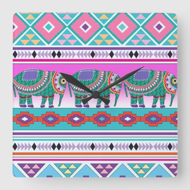Elefant med Aztec Mönster Fyrkantig Klocka (Framsida)