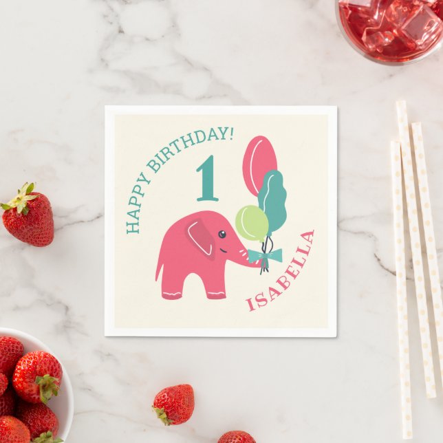 Elefant med ballonger flickor 1-årsdag pappersservett (Insitu)