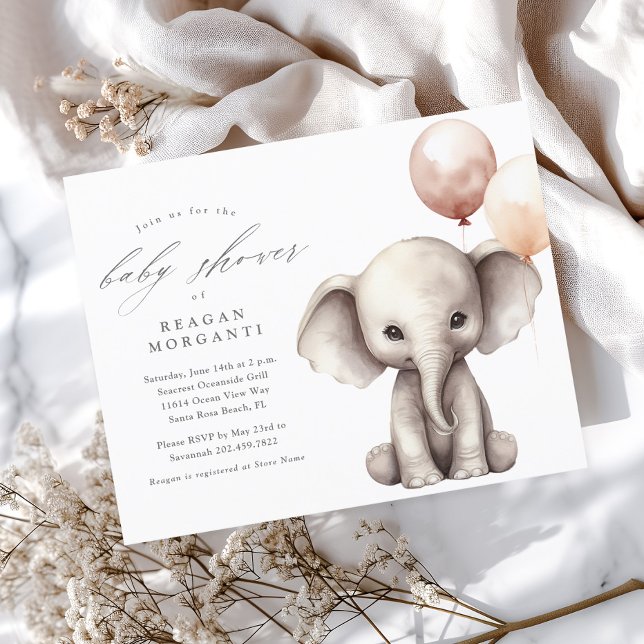 Elefant med ballonger Neutral budget baby shower (Cute Elephant with Balloons Gender Neutral Budget Baby Shower Invitation.)