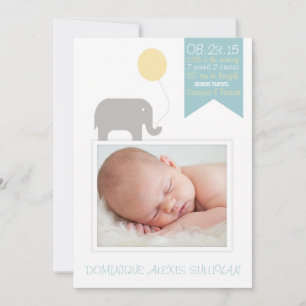Elefant med Balloon Photo Birth-meddelande Meddelande
