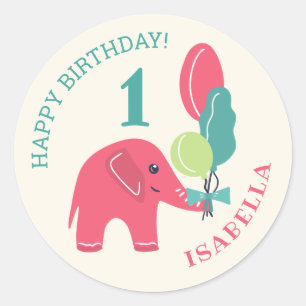 Elefant med Balloons Girls 1:a födelsedag Runt Klistermärke