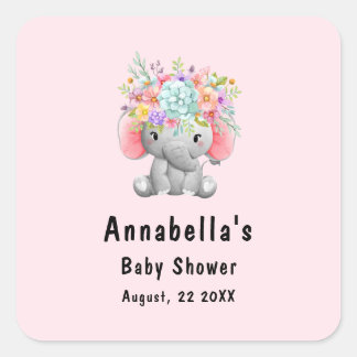 Elefant med blommor Baby Shower Fyrkantigt Klistermärke