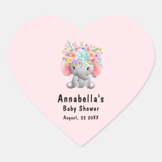 Elefant med blommor Baby Shower Hjärtformat Klistermärke