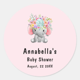 Elefant med blommor Baby Shower Runt Klistermärke