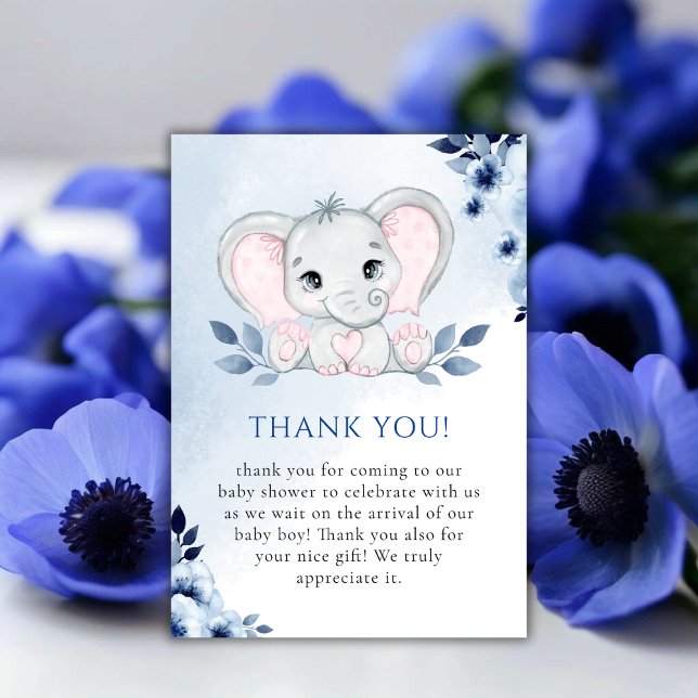 Elefant med Blue Anemones Boy Shower Tack Kort (Elephant With Blue Anemones Boy Baby Shower Thank You Card)