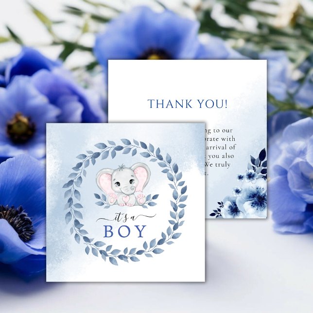 Elefant med Blue Anemones Boy Shower Tack Kort (Elephant With Blue Anemones Boy Baby Shower Thank You Card!)